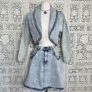 Vtg Acid Wash Denim Cropped Jacket & Trumpet Skirt Set Sz Small
